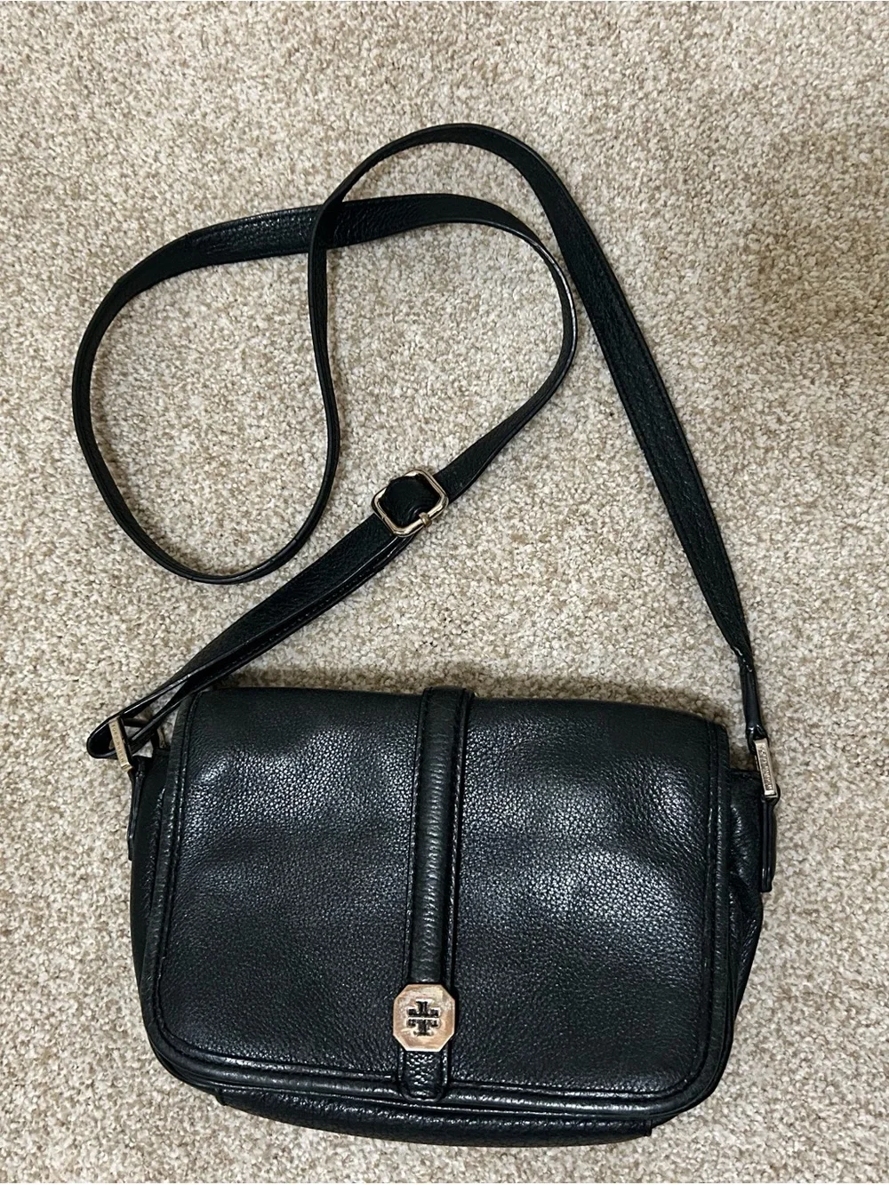 Tory Burch Small Black Leather Messenger Crossbody with Gold-Tone Hardware
